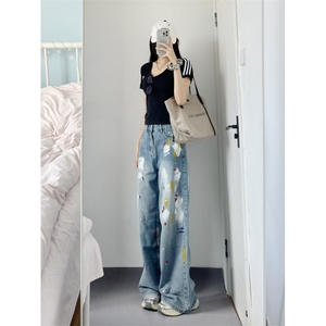 【有货】美式复古涂鸦扎染牛仔裤男女同款宽松裤子NZ803WW-特P55图片