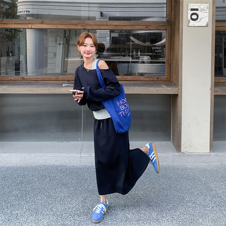 韩系气质假两件露肩卫衣套装裙女2025秋季新款小个子显瘦两件套潮,女装套装/套裙,纯色衣恋