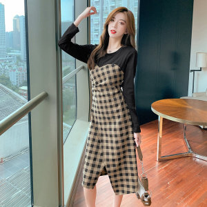 2021秋季新款拼接格子连衣裙女收腰显瘦a字中长裙假两件不规长袖图片