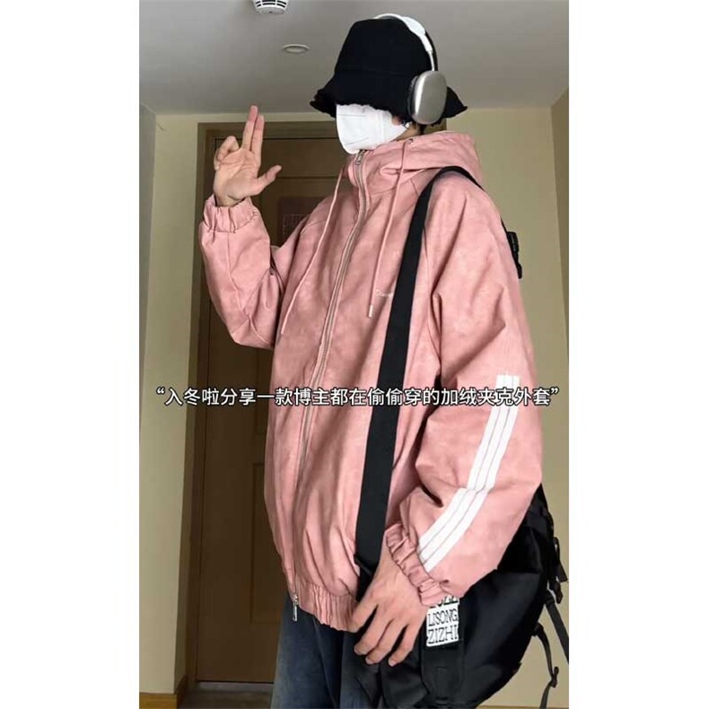 数据美式连帽百搭美拉德三条杠皮衣羊羔绒内胆MF1012P100,男装皮衣,电商A128