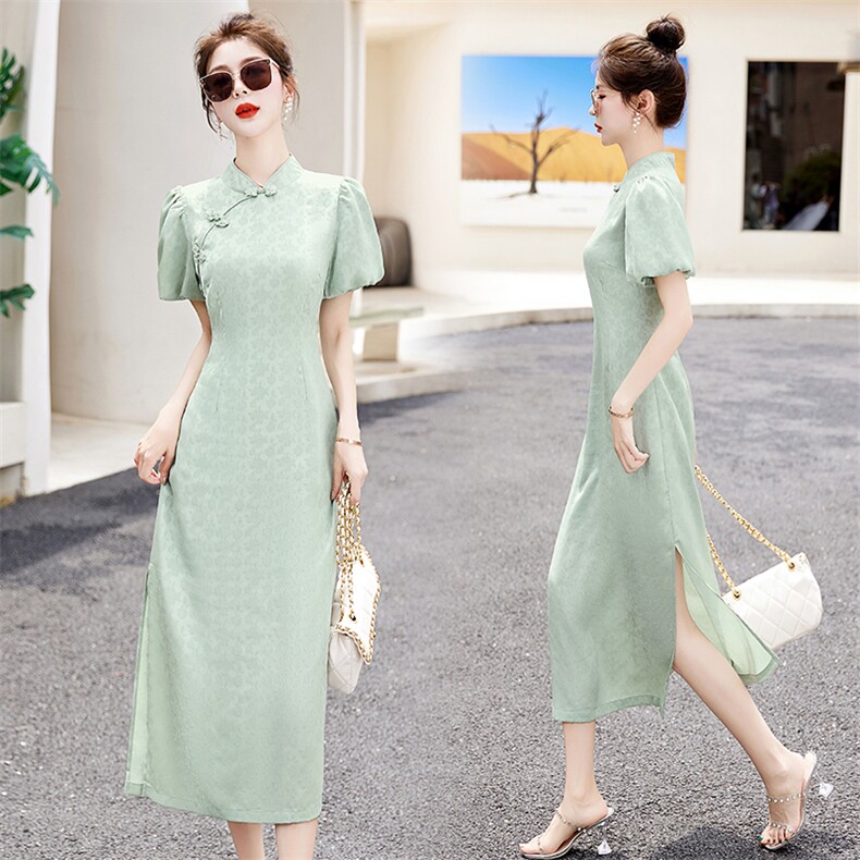 新中式优雅显瘦改良旗袍裙女2025夏新款高端气质泡泡袖连衣裙，女装连衣裙，关键词