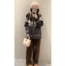 重磅秋冬北极绒开衫毛衣美式复古休闲慵懒风牛角扣针织衫连帽外套，男装针织衫/毛衣，电商A486