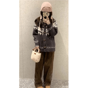 重磅秋冬北极绒开衫毛衣美式复古休闲慵懒风牛角扣针织衫连帽外套图片