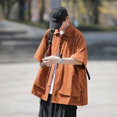 2025夏装日系复古大口袋短袖衬衫男宽松纯色大码衬衣C500P40，男装衬衫，电商C323