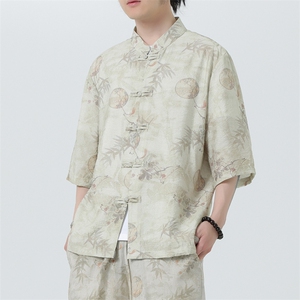 2025夏季新款风男装盘扣新中式唐装竹叶印花衬衫 C112-P50图片