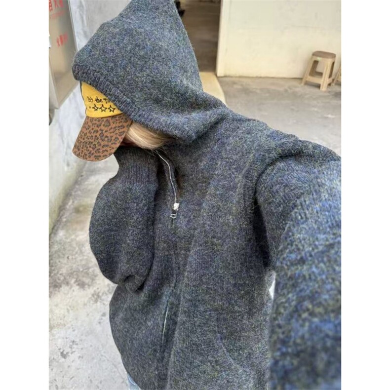 美式复古纯色针织拉链毛衣开衫男秋冬新款慵懒风连帽外套XM08P85，男装针织衫/毛衣，电商D256-3(原A064-3)