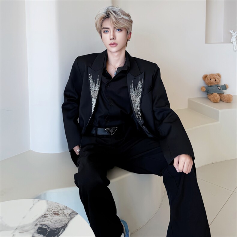 （现货）张凌赫同款手工绣珠西装创驳领垫肩西服男6008-P118，男装西服套装，星座910-5