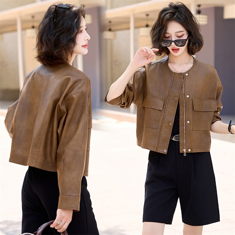 秋季朋克风短款复古短款女士皮衣洋气短外套牛仔风春秋显瘦时尚，女装皮衣，臻衣坊
