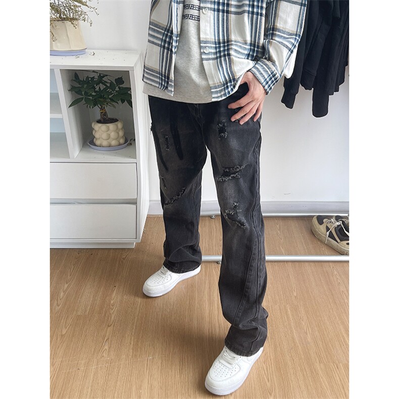 B221美式ins高街小众个性男女破洞牛仔裤LK23001-P65控88,男装牛仔裤,电商B221