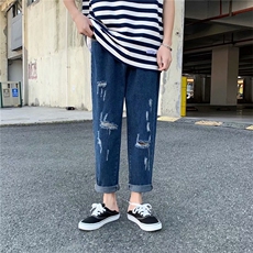 九分牛仔裤男夏季潮牌休闲直筒破洞宽松韩版阔腿老爹裤GK242-P35，男装牛仔裤，星座1008-1