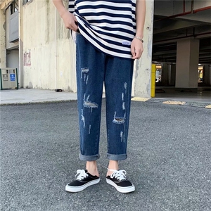 九分牛仔裤男夏季潮牌休闲直筒破洞宽松韩版阔腿老爹裤GK242-P35图片
