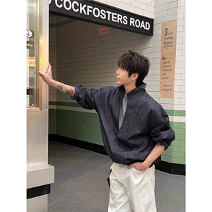 2025春款高级感假两件拼接设计套头衬衣男韩版大V领痞帅卫衣潮流图片