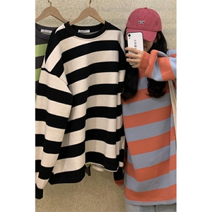 Q0227-P55 春秋季小个子少女美式上衣黑白条纹圆领卫衣港风慵懒图片