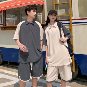 POLO衫短裤套装男潮牌港风宽松休闲运动情侣居家时尚一套搭配痞帅图片
