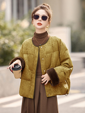 新中式g风提花羽绒服女2025冬季新款时尚拼接白鸭绒短款外套，女装羽绒服，美沁