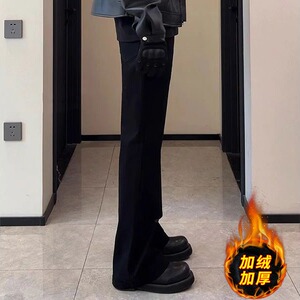黑色美式微喇卫裤男款秋冬高个子cleanfit裤子加绒修身运动直筒裤图片