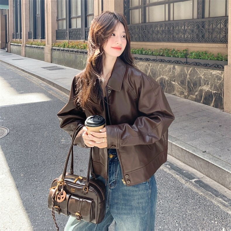 2025新款高级感小个子美拉德夹克棕色翻领短皮衣外套女秋，女装皮衣，浙宝B116