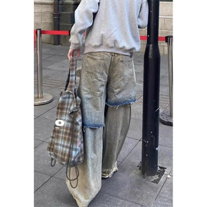 街头小众做旧设计感假两件牛仔裤男宽松破洞猫须长裤子 N947图片