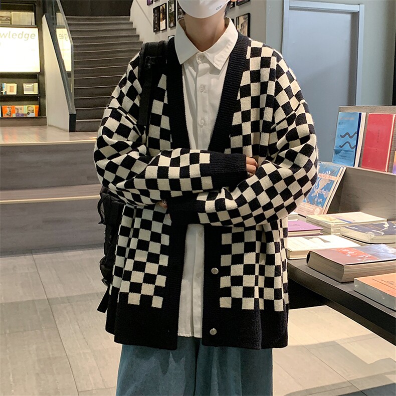 M54-P42棋盘格开衫马甲毛衣外套,男装针织衫/毛衣,星座1501-1