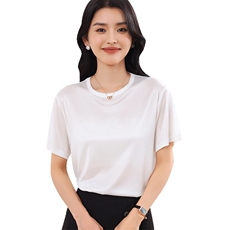 2025夏季新款醋酸缎面圆领套头短袖女士纯色简约气质丝滑透气T恤，女装T恤，伊绒腾羊绒