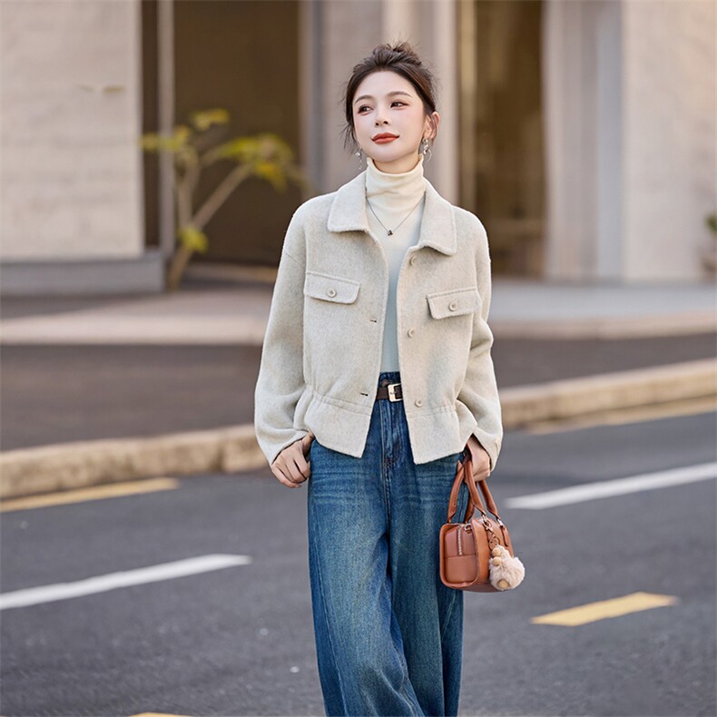 毛呢外套女短款2026秋冬季新款小个子高级感韩系收腰双面羊毛大衣，女装双面呢大衣，琪绚服饰