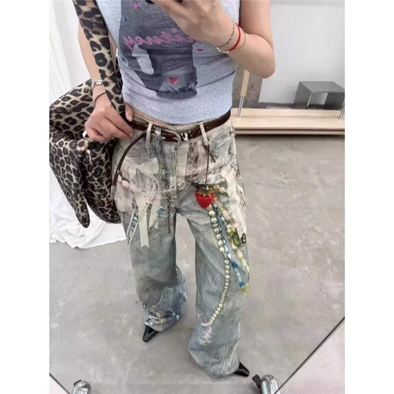 H202-P532025美式高街复古数码印花牛仔裤男女链条,男装牛仔裤,电商B323A