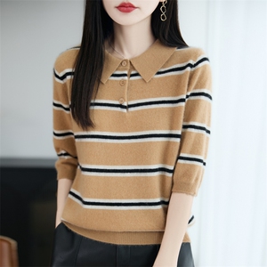 100%纯羊毛衫女Polo领五分袖拼色毛衣翻领条纹套头针织打底衫图片
