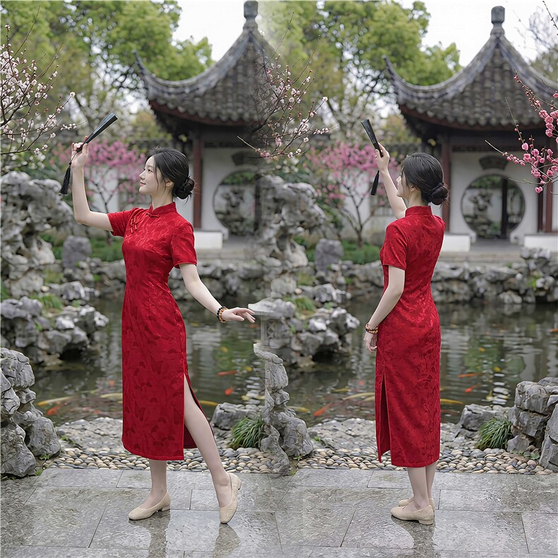 2026年夏季中长款旗袍短袖斜襟气质时尚喜庆修身显瘦弹力日常裙子，女装汉服/婚纱/旗袍/礼服，媚琳依坊