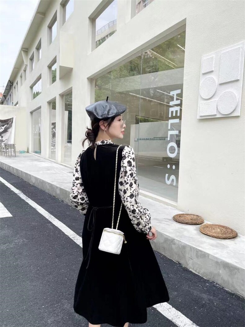 磨毛印花拼接丝绒裙，其它，Balance Studio