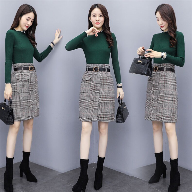 2021新款秋冬季套装/套裙时尚针织打底衫格子毛呢半身裙两件套，女装套装/套裙，瑶迪依秀
