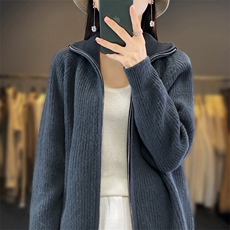 2025年秋季新款百搭女士抽条拉链羊毛开衫，女装羊毛衫，春贝羊绒