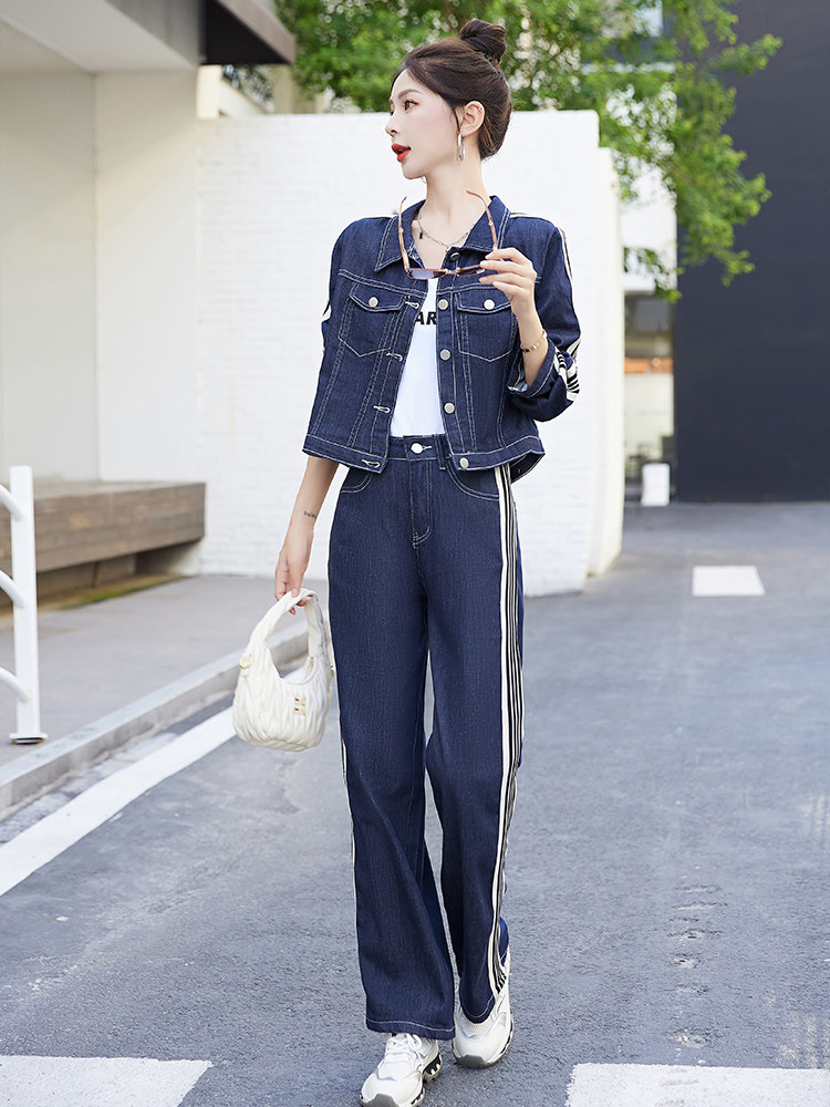 港风复古洋气时尚工装牛仔小外套长裤套装2023春秋季设计感新款女,女装套装/套裙,艾仟回(原伊仟回)