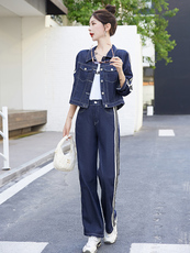 港风复古洋气时尚工装牛仔小外套长裤套装2023春秋季设计感新款女，女装套装/套裙，艾仟回(原伊仟回)