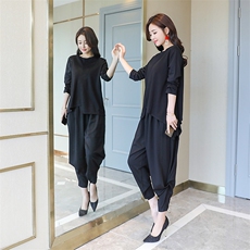 纯色时尚舒适长袖拼接低圆领套头松紧腰九分裤休闲2021春秋季套装，女装套装/套裙，布衣桑