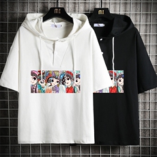 LD54250-P45京剧脸谱风连帽短袖t恤男大码胖子带帽五分袖网格，男装T恤，电商A040A