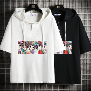 LD54250-P45京剧脸谱风连帽短袖t恤男大码胖子带帽五分袖网格图片