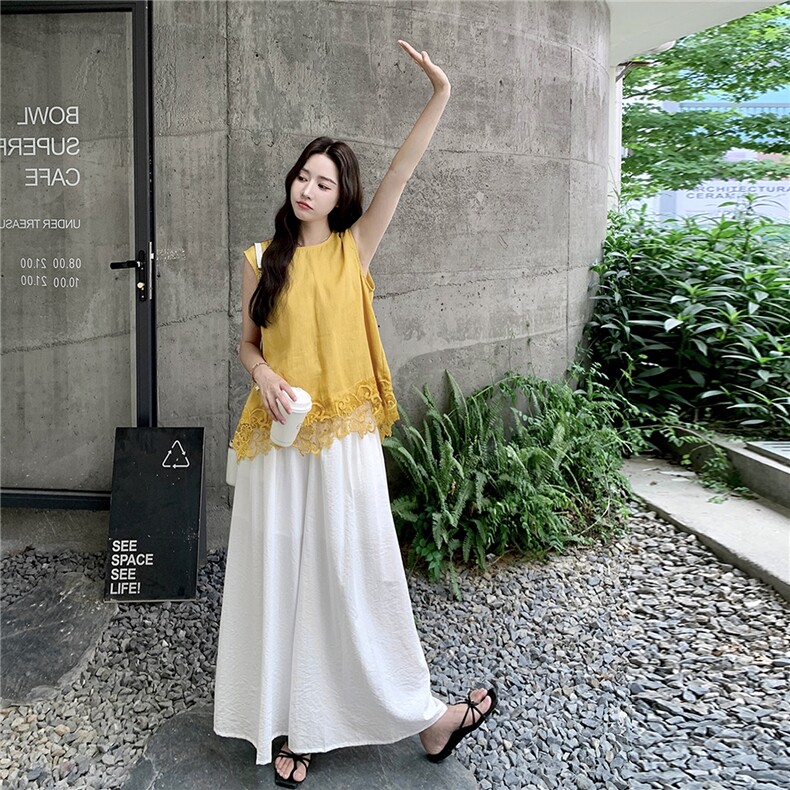韩系蕾丝拼接背心套装女2025夏季新款时尚休闲阔腿裤百搭两件套,女装套装/套裙,蝶眷