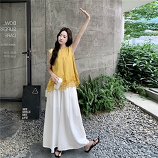 韩系蕾丝拼接背心套装女2025夏季新款时尚休闲阔腿裤百搭两件套，女装套装/套裙，蝶眷