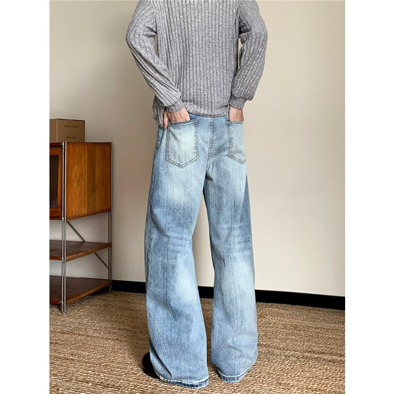 竹节纹牛仔裤男女秋季美式裤子提裆微喇阔腿弯刀长裤RK3023-P49，男装牛仔裤，星座412-2