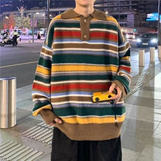 日系复古慵懒风Polo领毛衣春秋学院风宽松彩色条纹针织衫，男装针织衫/毛衣，星座716-4