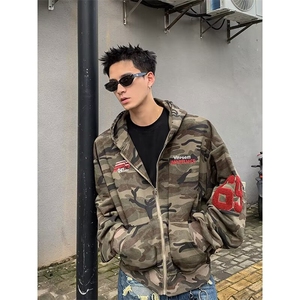美式复古水洗迷彩刺绣连帽卫衣外套男秋冬季宽松休闲帽衫夹克图片