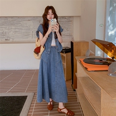 设计感小众牛仔衬衫时尚套装女2025夏季新款高腰显瘦半身裙两件套，女装套装/套裙，2C225