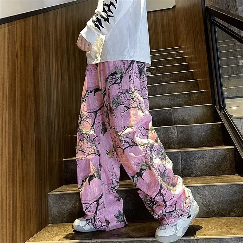 美式复古休闲裤显瘦树枝印花百搭设计感绑带直筒阔腿裤UK212-P35,男装休闲裤,星座1109-3