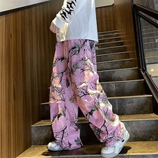 美式复古休闲裤显瘦树枝印花百搭设计感绑带直筒阔腿裤UK212-P35，男装休闲裤，星座1109-3