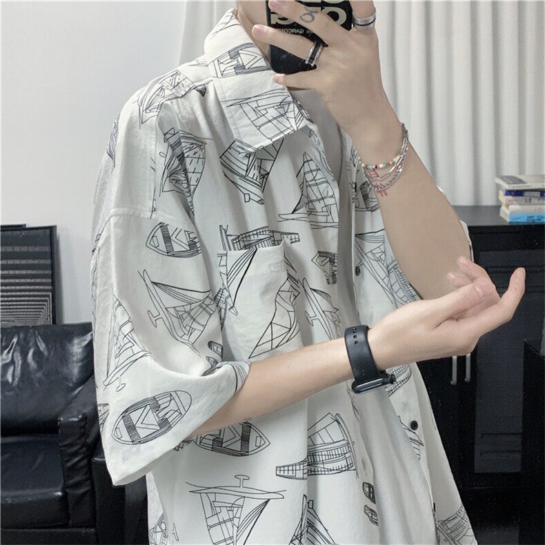 痞帅薄款冰丝短袖衬衫潮ins印花宽松慵懒DX22 特P30图片