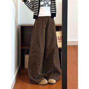 小个子复古美拉德咖色阔腿工装牛仔裤女新款辣妹高腰宽松直筒长裤图片
