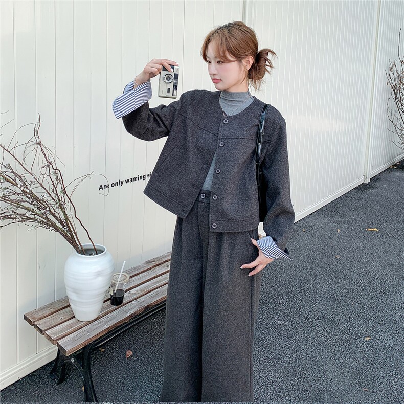 复古条纹拼接牛仔外套阔腿裤两件套女2025年秋季新款时尚休闲套装,女装套装/套裙,2B142