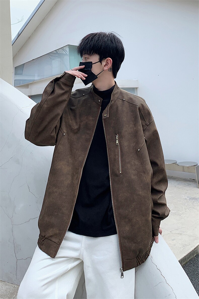 美式复古翻领皮夹克男士春秋季百搭宽松情侣PU外套225-2-JK601,男装夹克,星座225-2