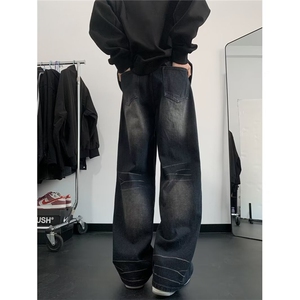 美式复古水洗牛仔裤男休闲高街ins设计感直筒宽松阔腿裤16994-p48图片