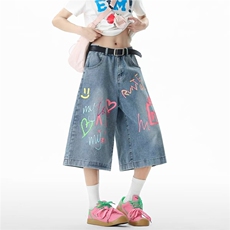 美式涂鸦牛仔七分裤子女夏季潮牌卡通印花阔腿短裤宽松休闲中裤子，男装牛仔裤，星座1210-1